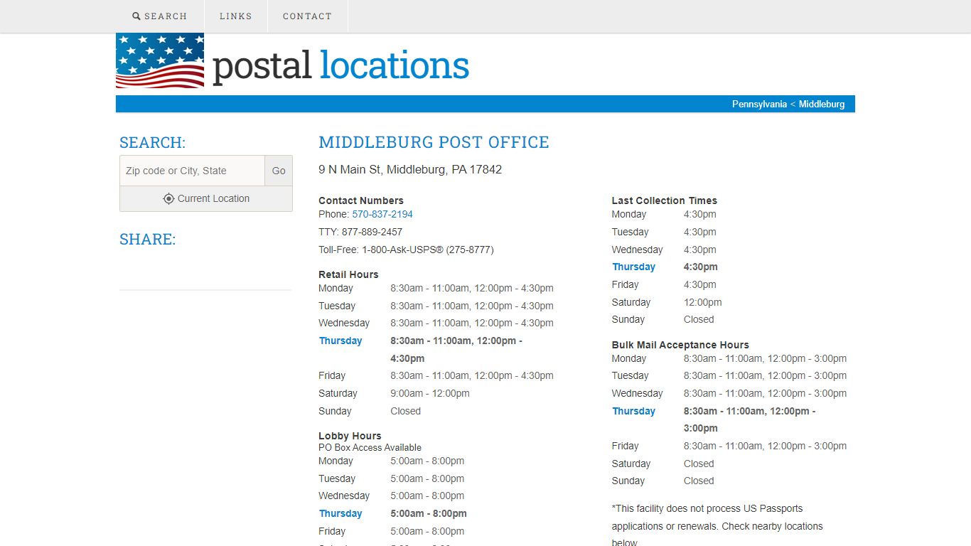 Post Office in Middleburg, PA - Hours and Location