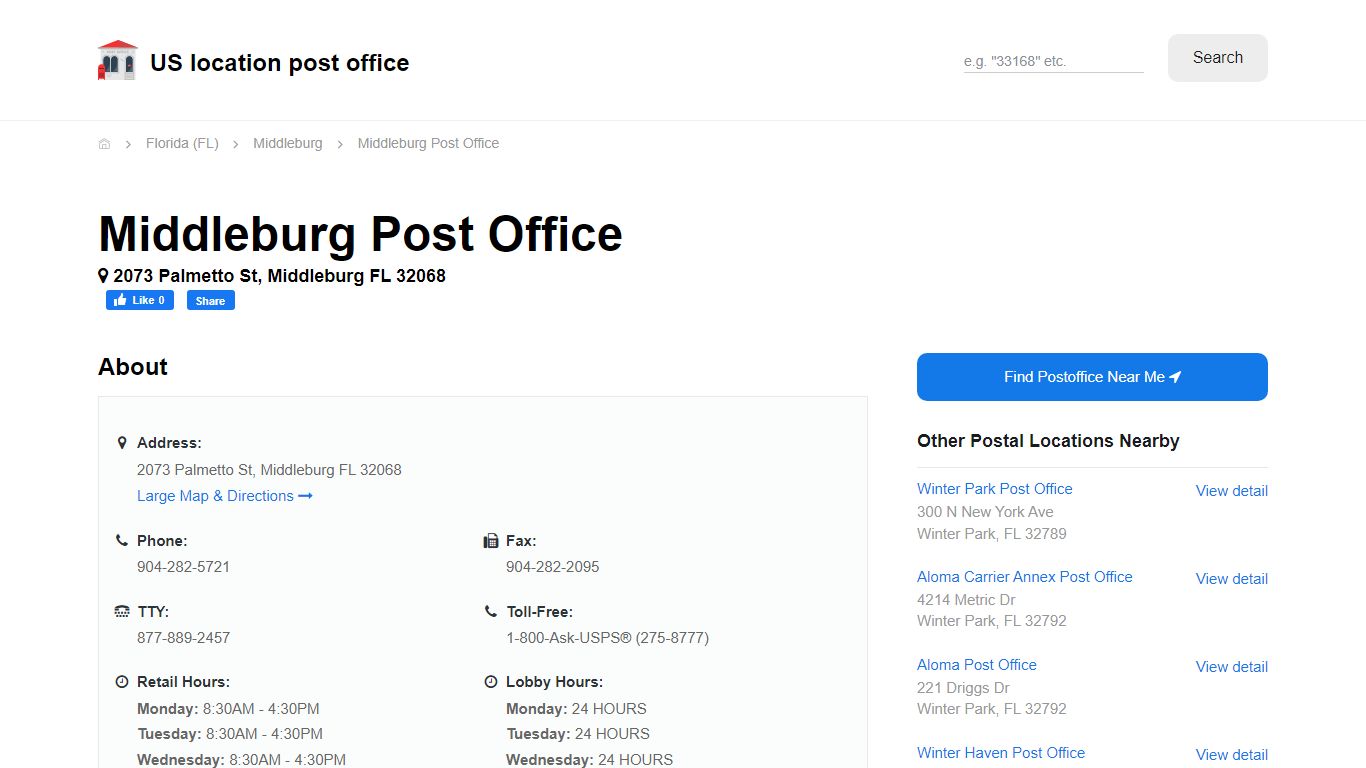 Middleburg Post Office, FL 32068 - Hours Phone Service and Location