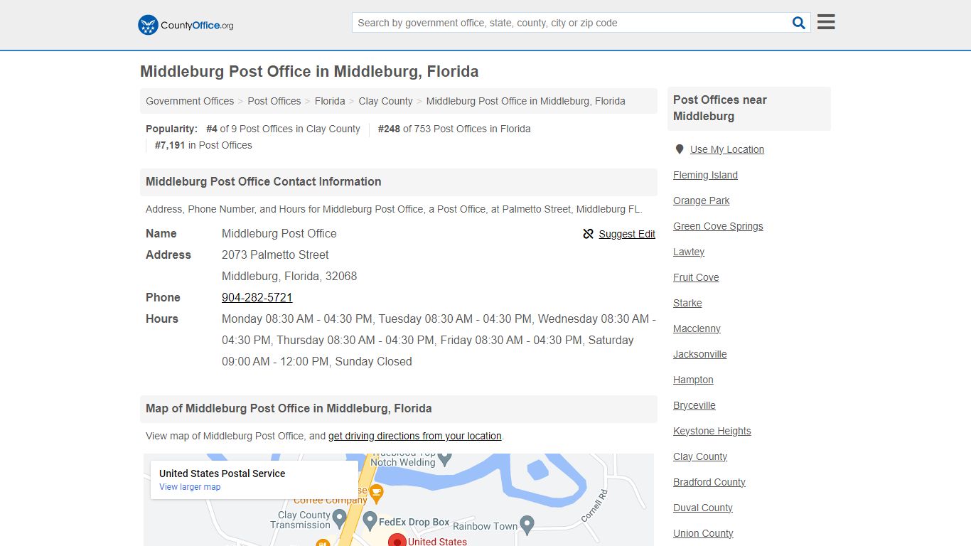 Middleburg Post Office - Middleburg, FL (Address, Phone, and Hours)