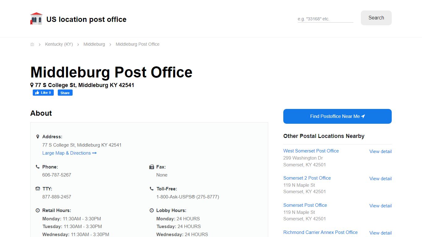 Middleburg Post Office, KY 42541 - Hours Phone Service and Location