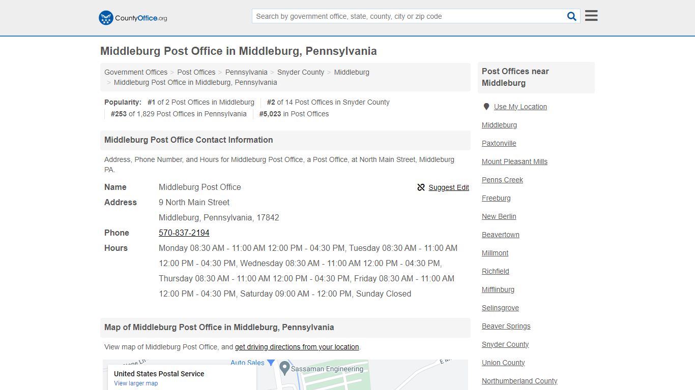 Middleburg Post Office - Middleburg, PA (Address, Phone, and Hours)